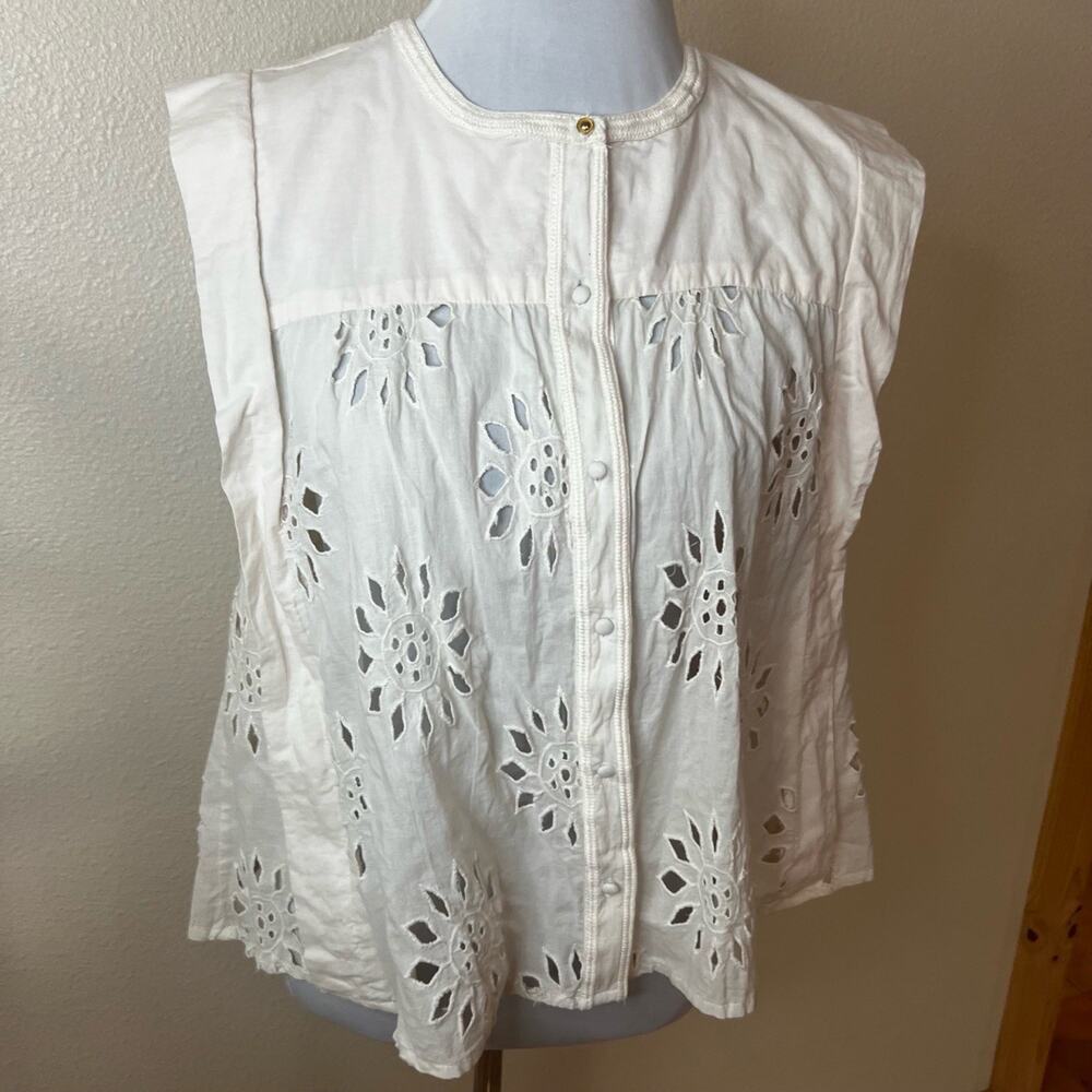 Calypso St. Barth Off White Cream Eyelet Floral Sleeveless Blouse LARGE